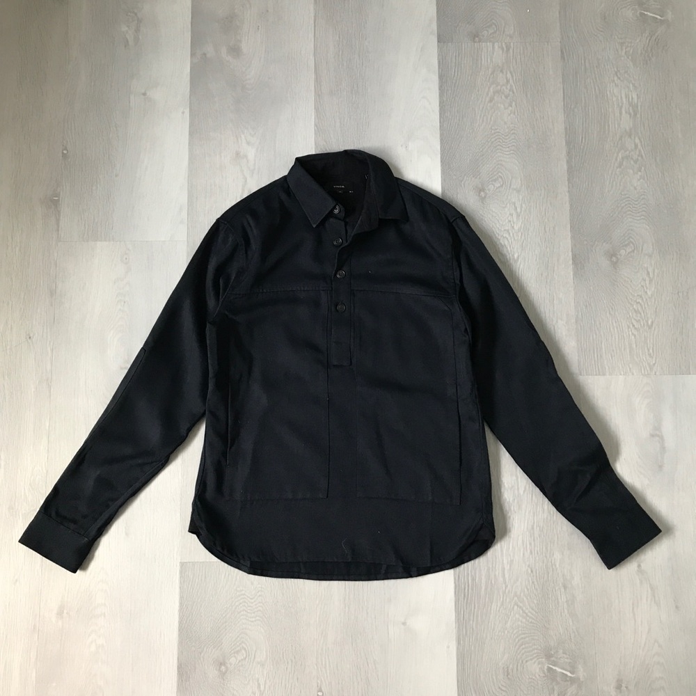 VINCE NAVY HENLEY POLO LONG SLEEVE SHIRT DOUBLE ELBOW LONG SLEEVES XS